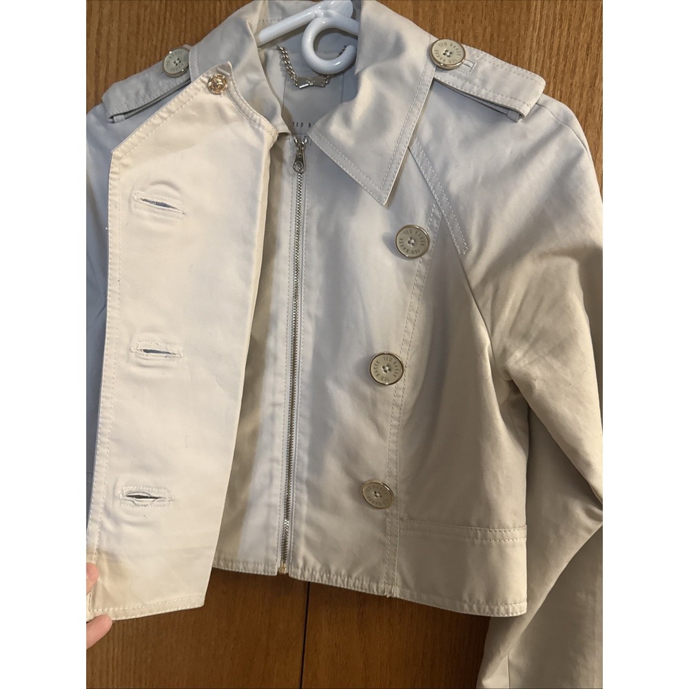 Ted Baker Wms Beige Trench Coat Cropped Dble Breast Sz 2 US 4-6 S Neutral Jacket - Picture 9 of 16